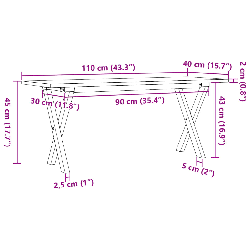 vidaXL Sohvapöytä X-runko 110x40x45 cm täysi mänty ja valurauta