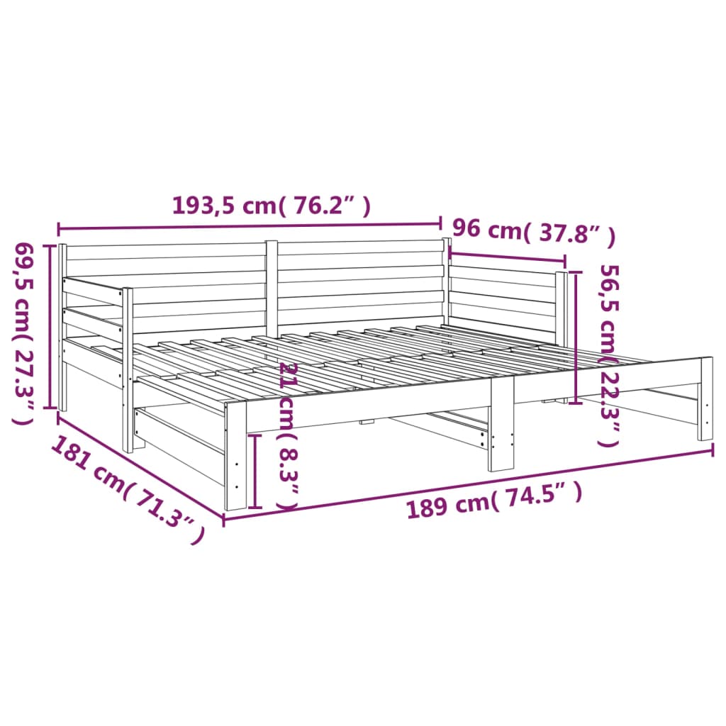 vidaXL Sohvasänky ulosvedettävä valkoinen 2x (90x190) cm täysi mänty