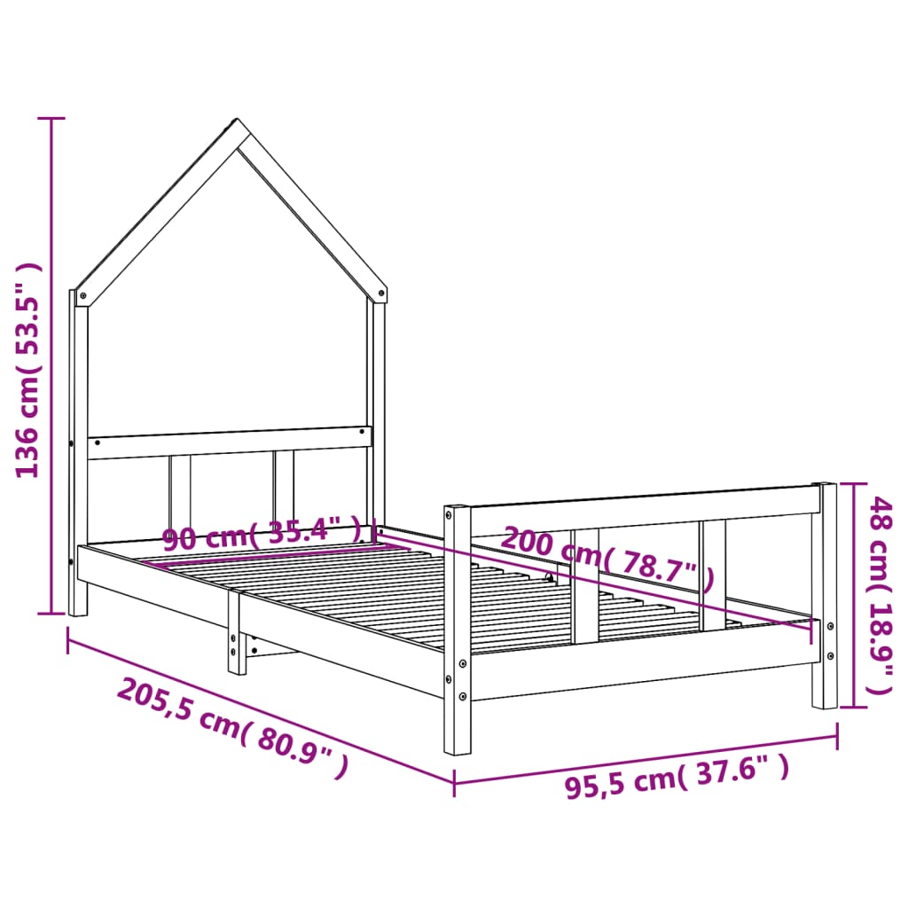 vidaXL Lasten sängynrunko musta 90x200 cm täysi mänty