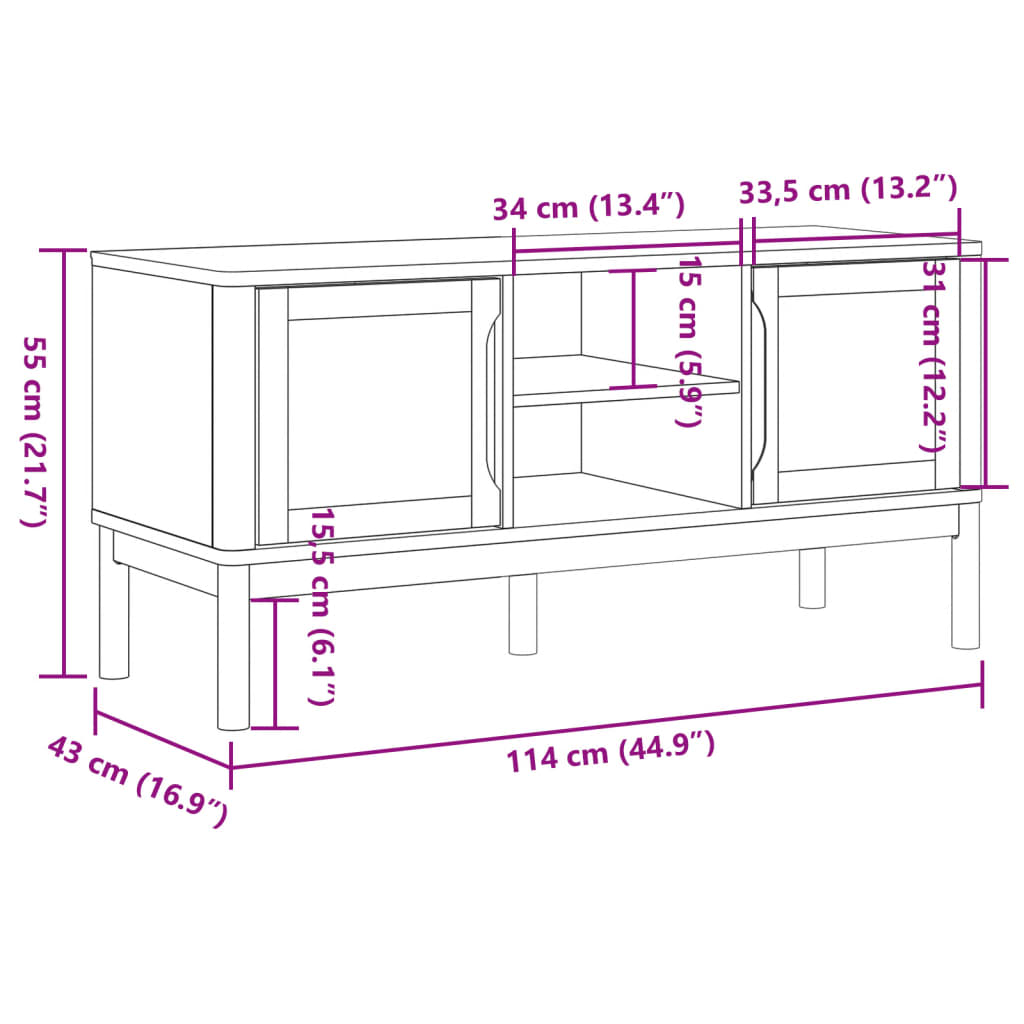 vidaXL TV-taso FLORO vahanruskea 114x43x55 cm täysi mänty