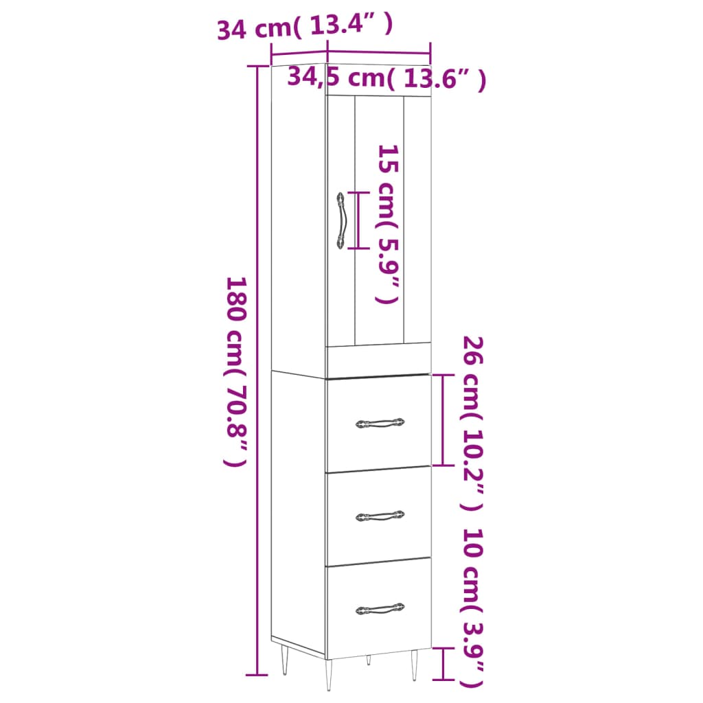 vidaXL Kaappi ruskea tammi 34,5x34x180 cm tekninen puu