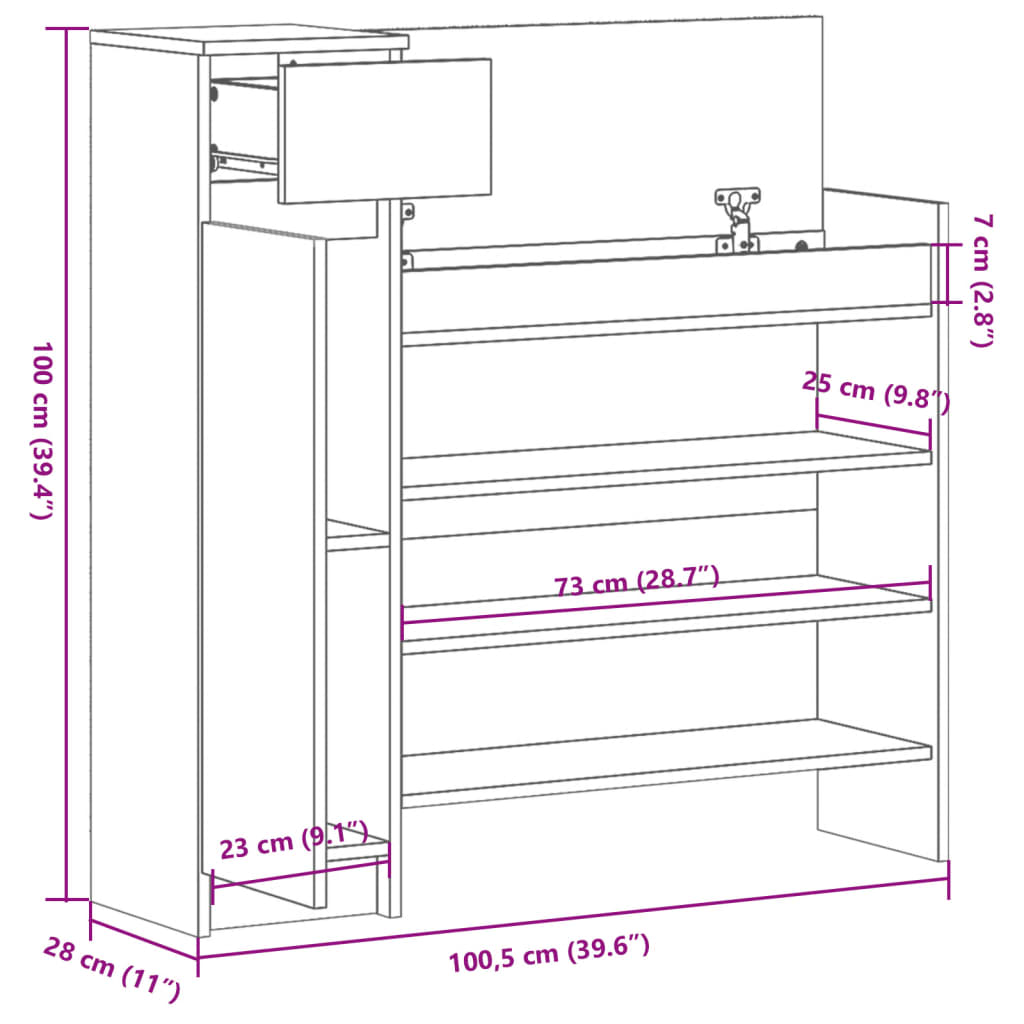 vidaXL Kenkäkaappi betoninharmaa 100,5x28x100 cm tekninen puu