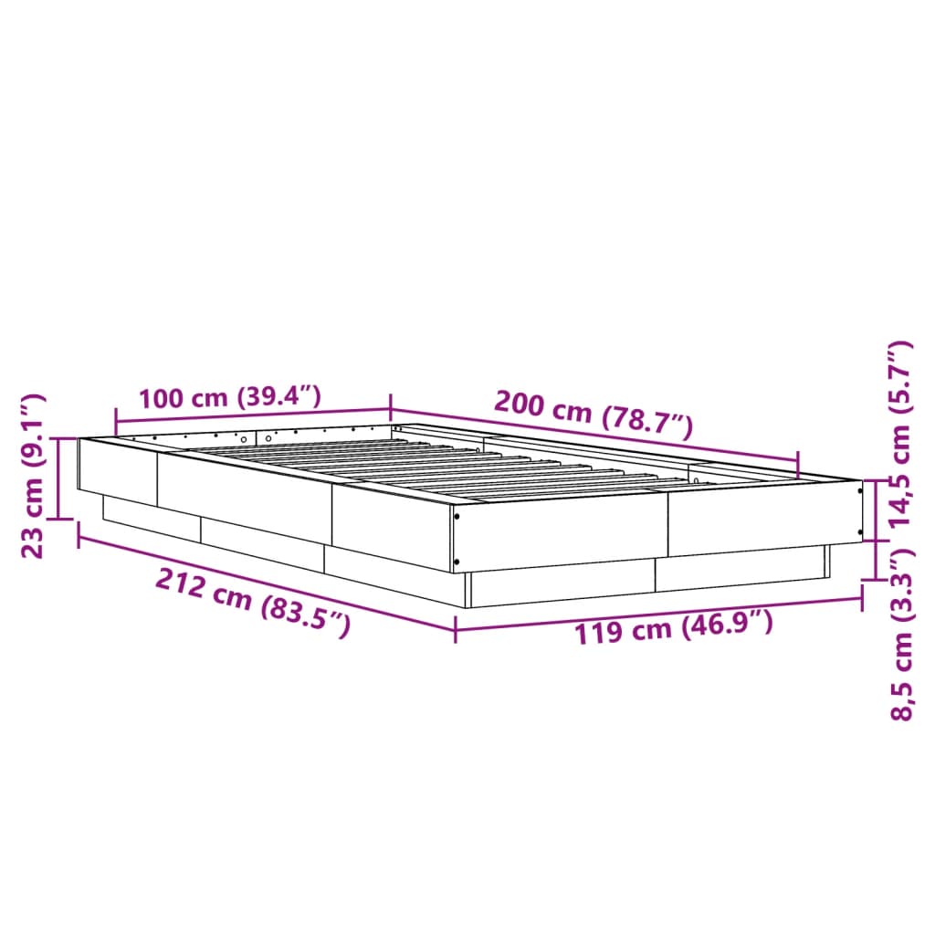 vidaXL Sängynrunko LED-valoilla ruskea tammi 100x200 cm tekninen puu