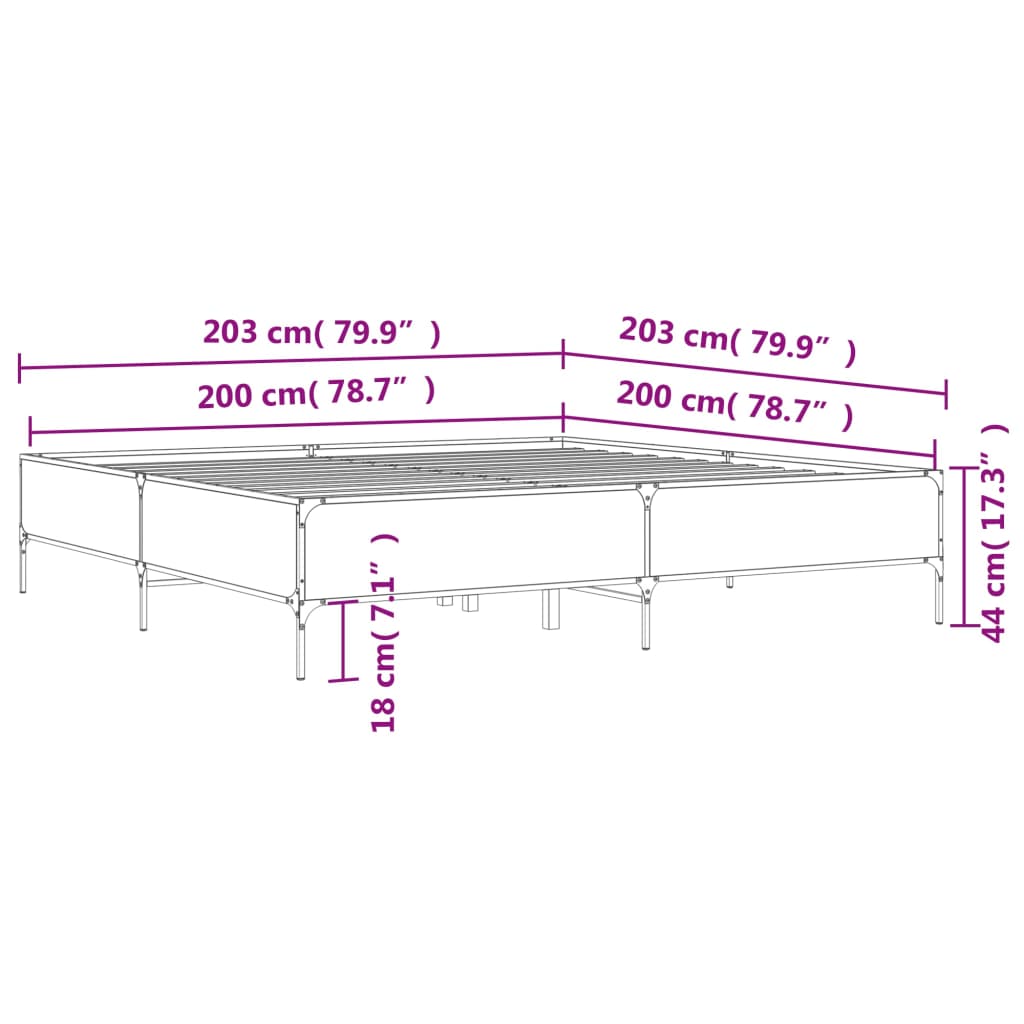 vidaXL Sängynrunko savutammi 200x200 cm tekninen puu ja metalli