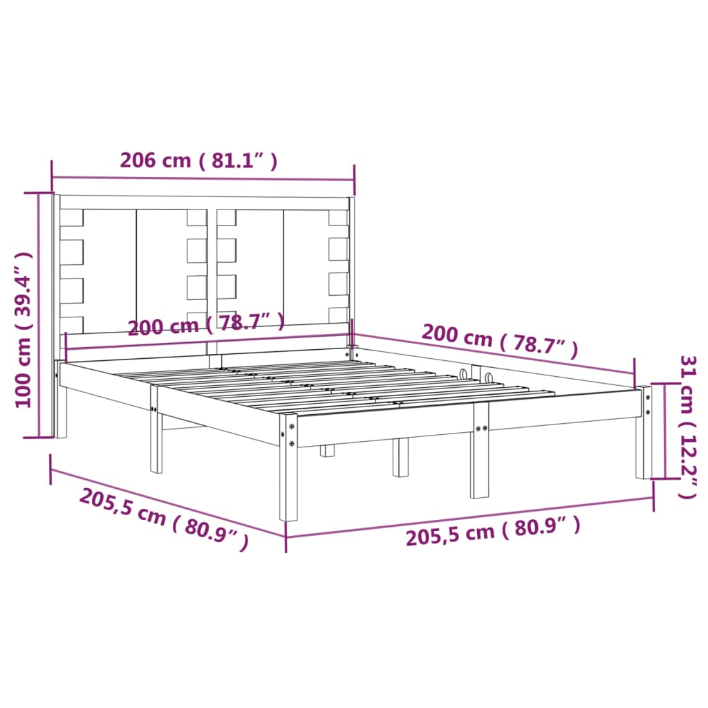 vidaXL Sängynrunko musta täysi mänty 200 x 200 cm