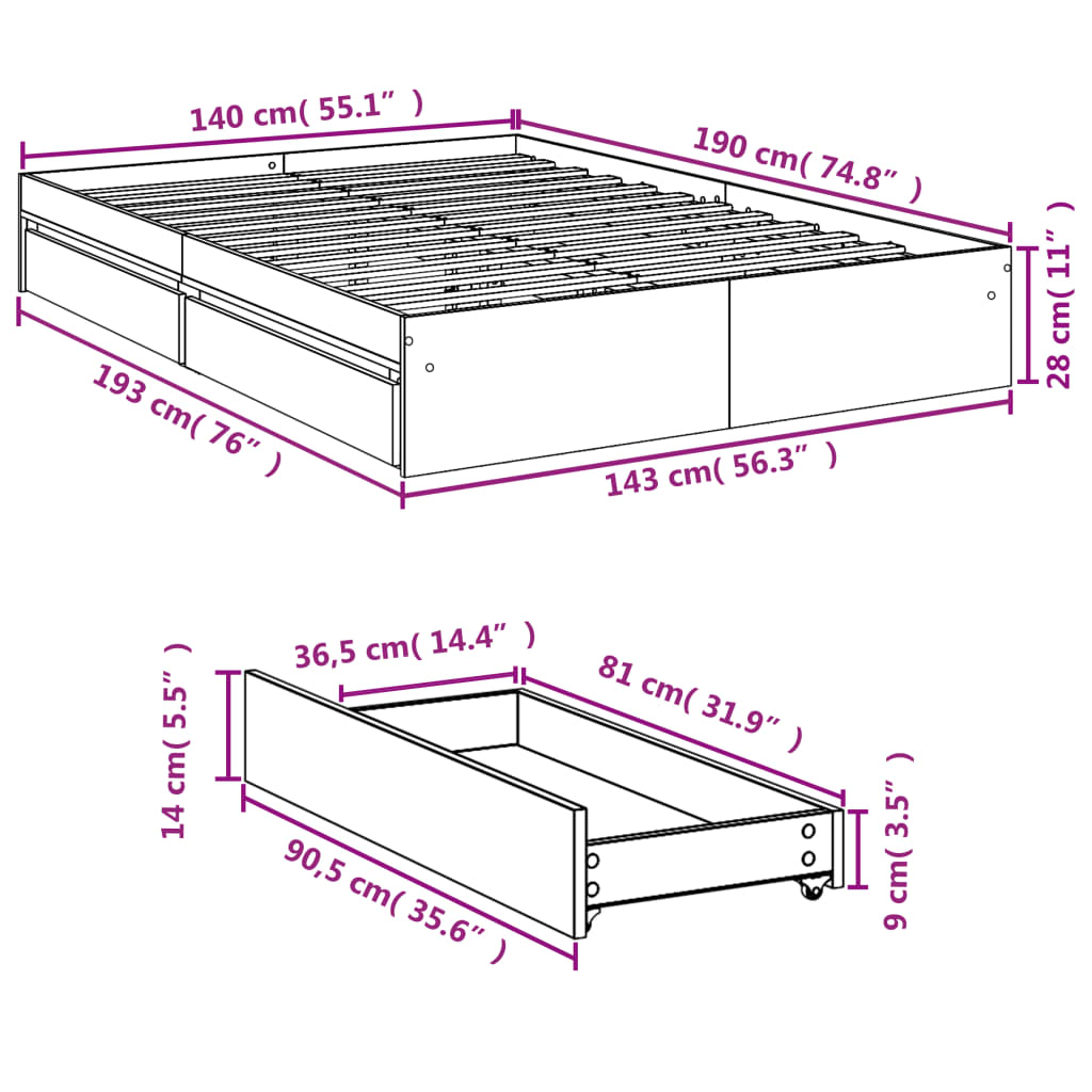 vidaXL Sängynrunko laatikoilla harmaa Sonoma 140x190 cm tekninen puu