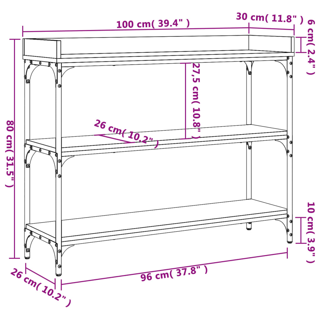 vidaXL Konsolipöytä hyllyillä savutammi 100x30x80 cm