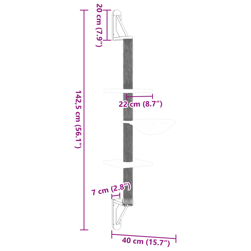 vidaXL Kissan raapimispuu seinälle kerma 142,5 cm