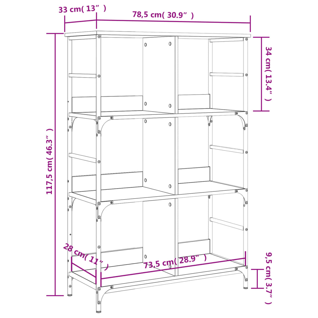 vidaXL Kirjahylly harmaa Sonoma 78,5x33x117,5 cm tekninen puu