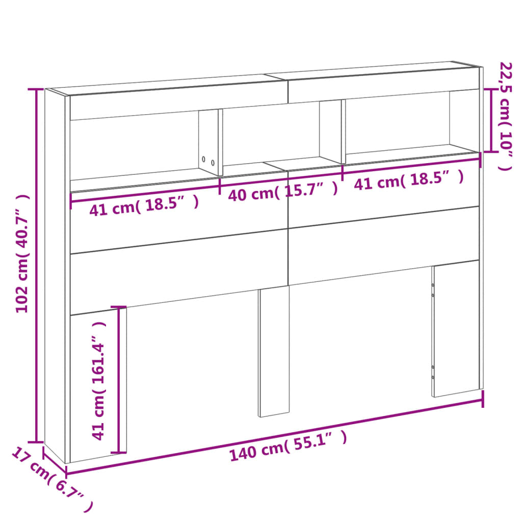 vidaXL Sängynpäätykaappi LED-valoilla betoninharmaa 140x17x102 cm