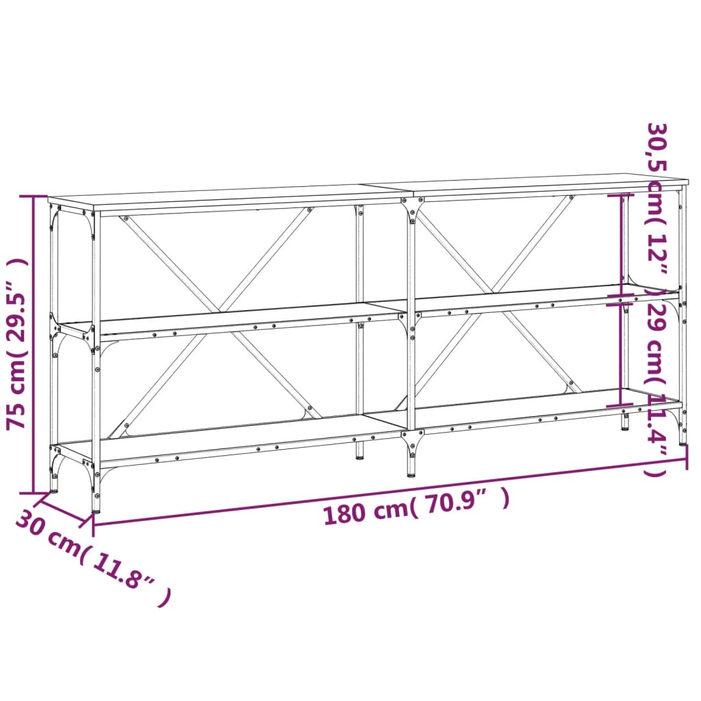 vidaXL Konsolipöytä musta 180x30x75 cm tekninen puu ja rauta