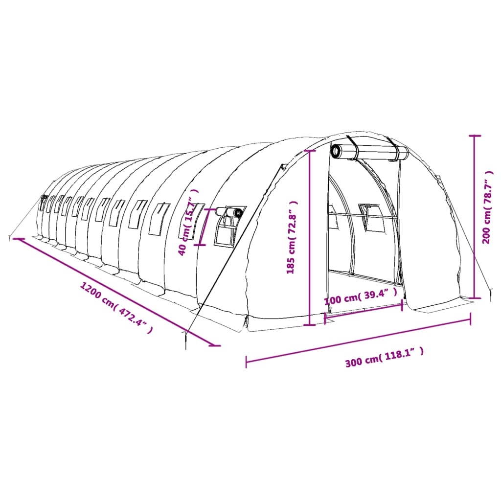 vidaXL Kasvihuone teräsrungolla valkoinen 36 m² 12x3x2 m