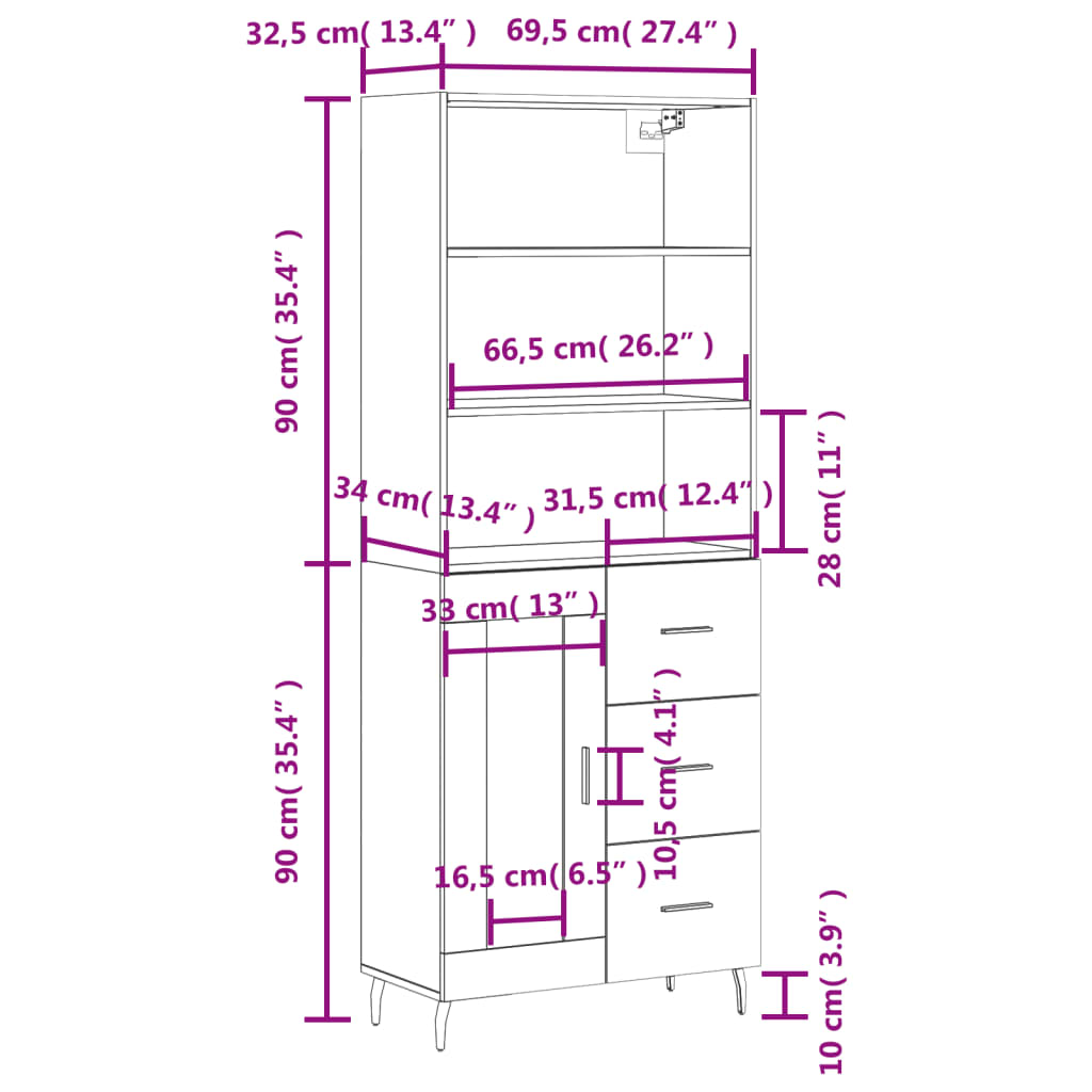 vidaXL Kaappi ruskea tammi 69,5x34x180 cm tekninen puu