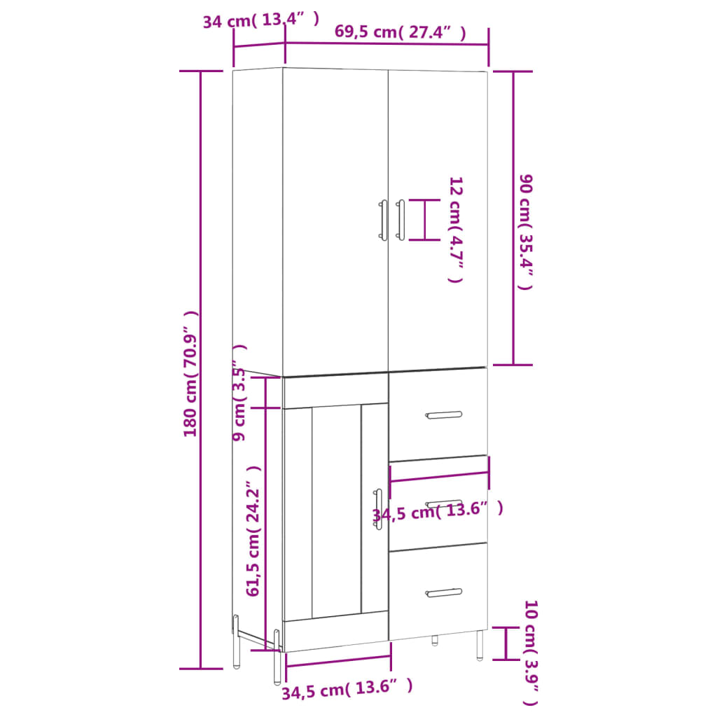 vidaXL Kaappi ruskea tammi 69,5x34x180 cm tekninen puu