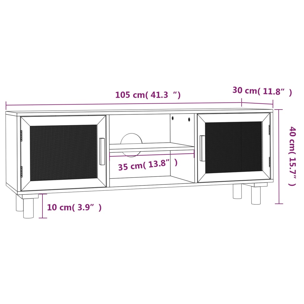 vidaXL TV-taso ruskea 105x30x40 cm täysi mänty ja luonnonrottinki