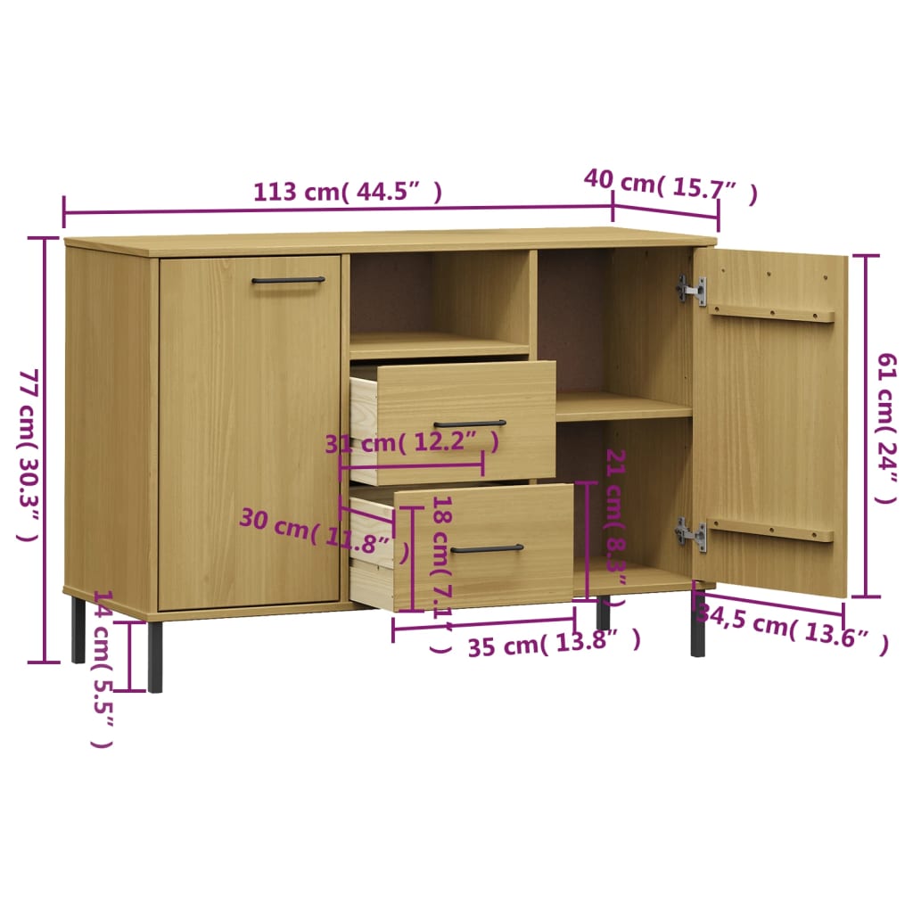 vidaXL Senkki metallijaloilla ruskea 113x40x77 cm täyspuu OSLO