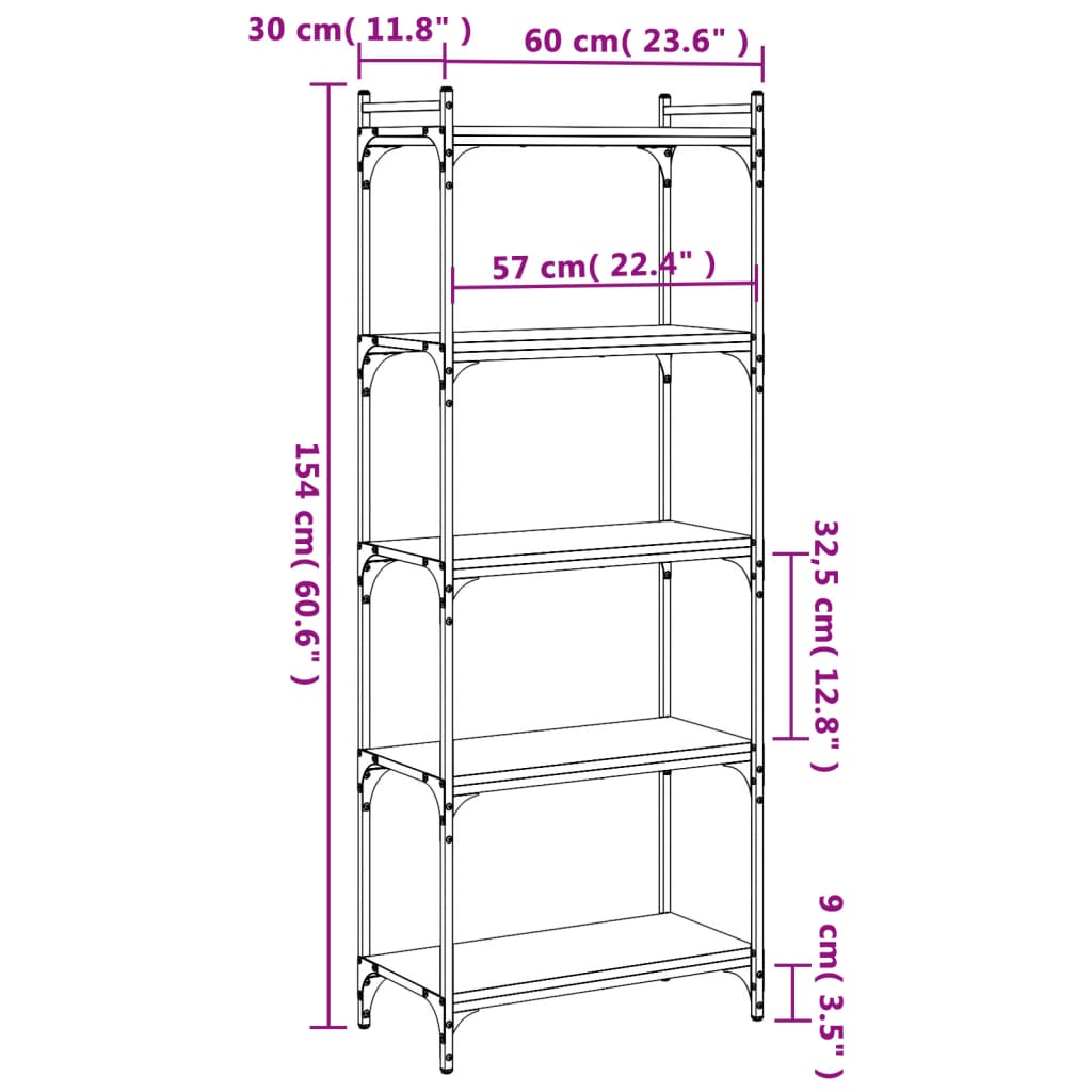 vidaXL Kirjahylly 5 kerrosta musta 60x30x154 cm tekninen puu