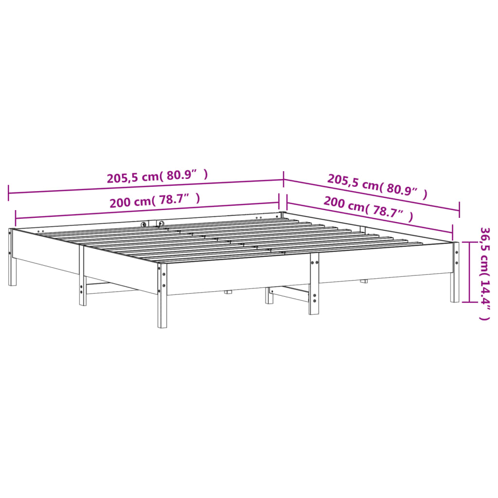 vidaXL Sängynrunko ilman patjaa valkoinen 200x200 cm täysi mänty