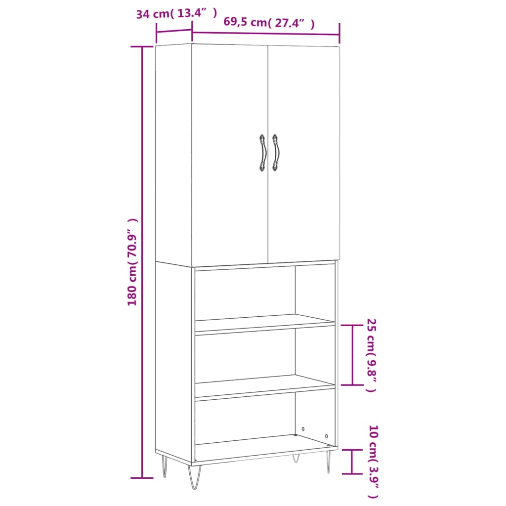 vidaXL Kaappi ruskea tammi 69,5x34x180 cm tekninen puu