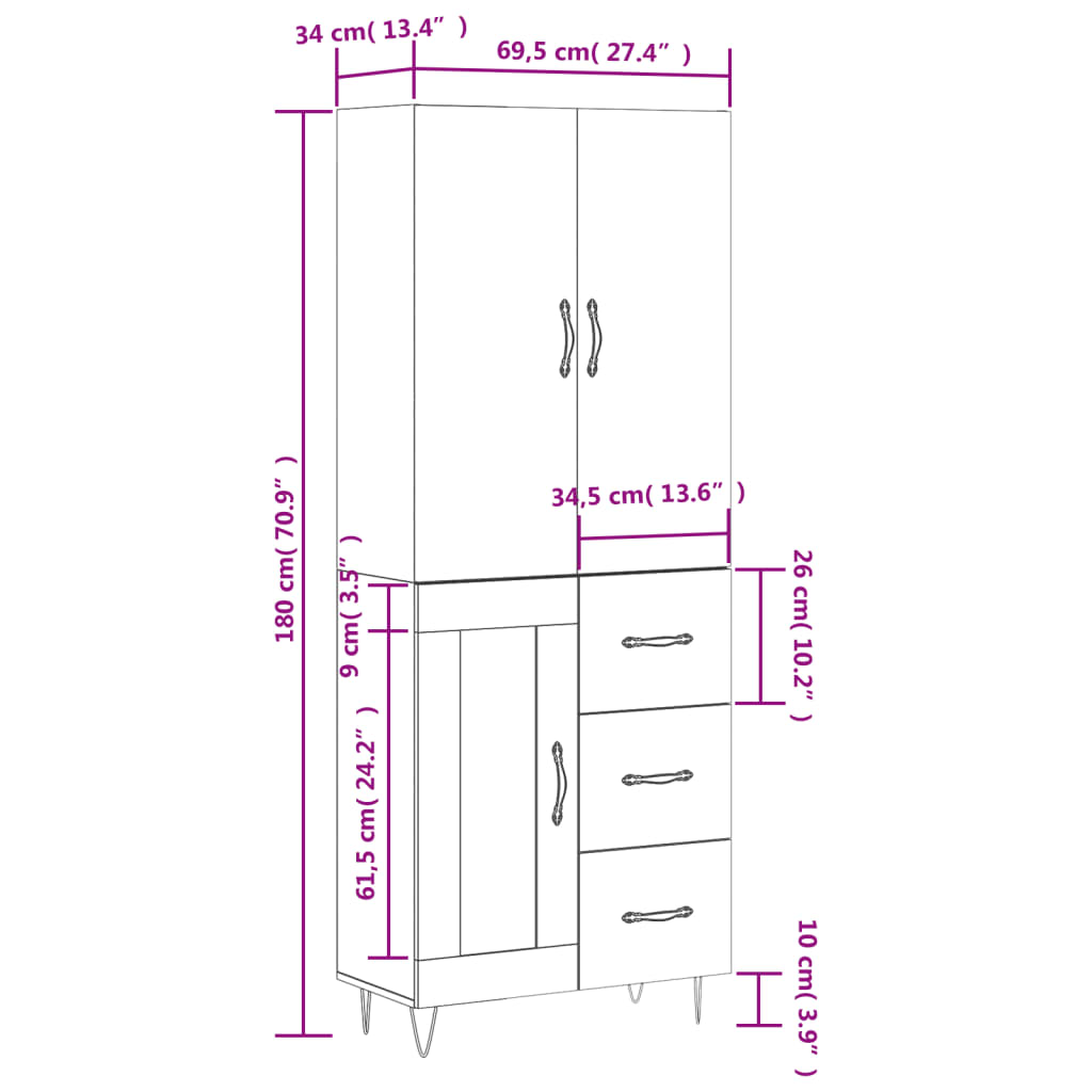 vidaXL Kaappi ruskea tammi 69,5x34x180 cm tekninen puu