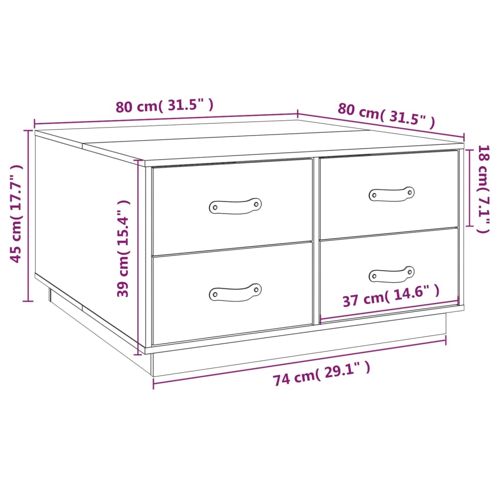 vidaXL Sohvapöytä musta 80x80x45 cm täysi mänty