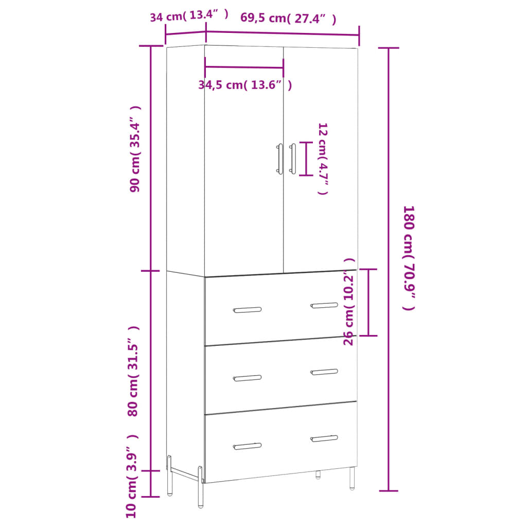 vidaXL Kaappi ruskea tammi 69,5x34x180 cm tekninen puu