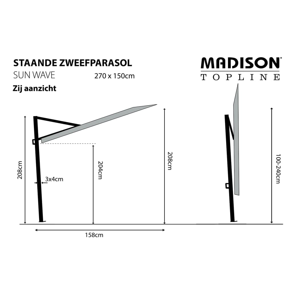 Madison Parvekkeen Päivänvarjo Sun Wave 270x150 cm harmaanruskea