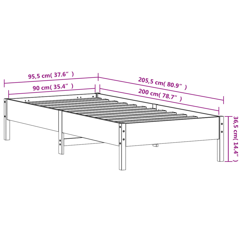 vidaXL Sängynrunko ilman patjaa vahanruskea 90x200 cm täysi mänty