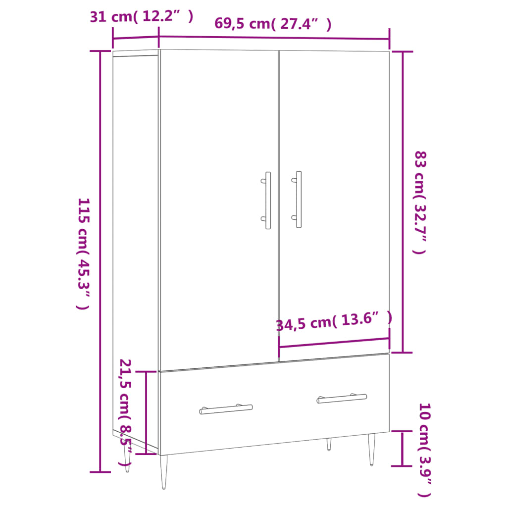 vidaXL Kaappi harmaa Sonoma 69,5x31x115 cm tekninen puu