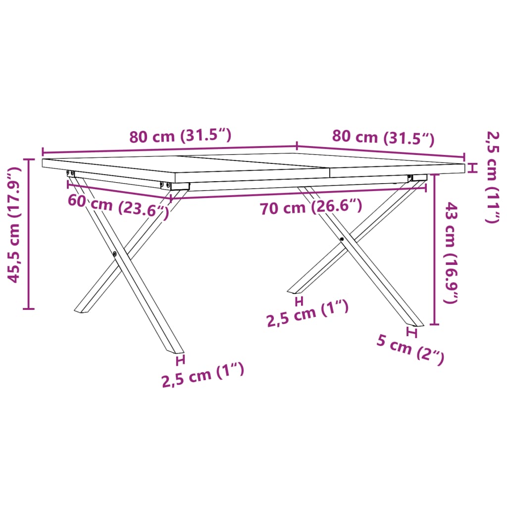 vidaXL Sohvapöytä X-runko 80x80x45,5 cm täysi mänty ja valurauta