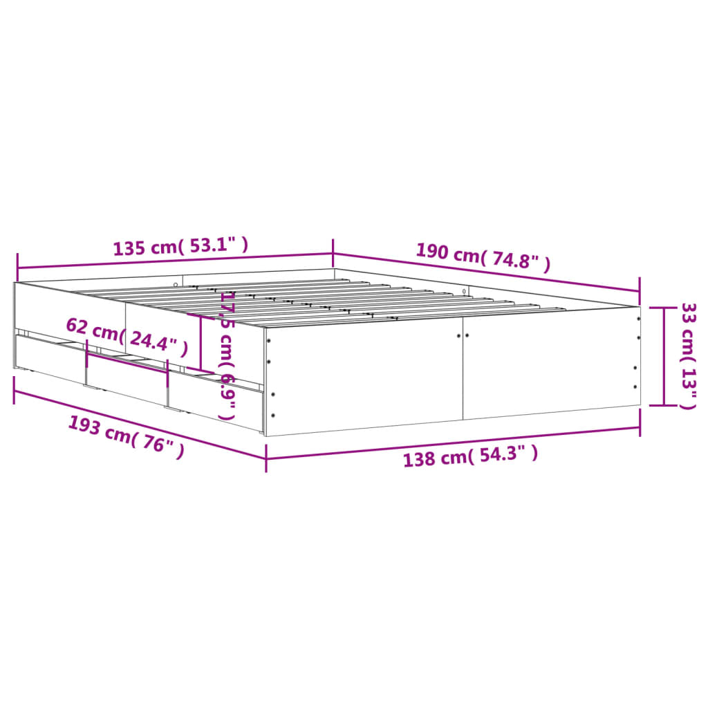 vidaXL Sängynrunko laatikoilla Sonoma-tammi 135x190 cm tekninen puu