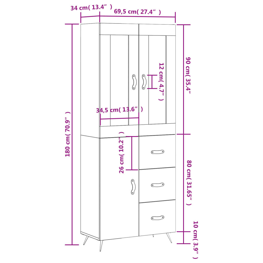 vidaXL Kaappi harmaa Sonoma 69,5x34x180 cm tekninen puu