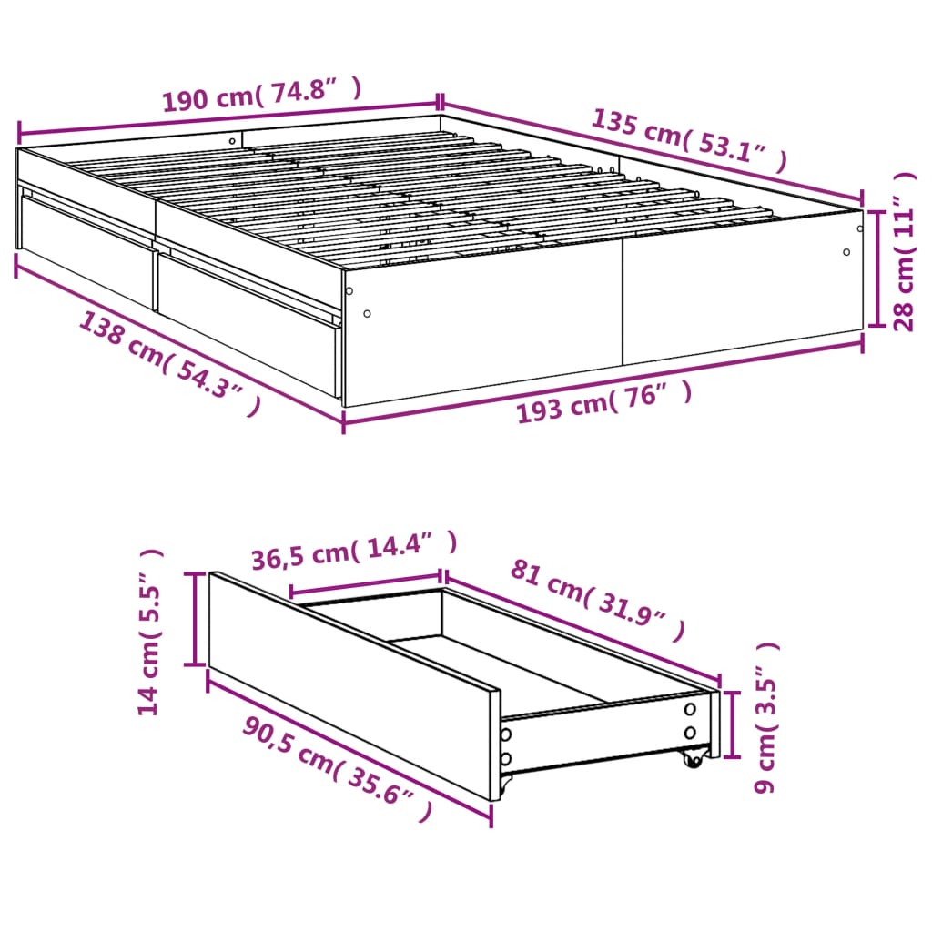 vidaXL Sängynrunko laatikoilla musta 135x190 cm tekninen puu