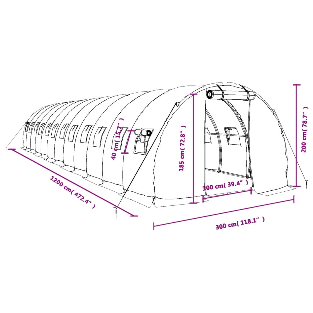 vidaXL Kasvihuone teräsrungolla vihreä 36 m² 12x3x2 m