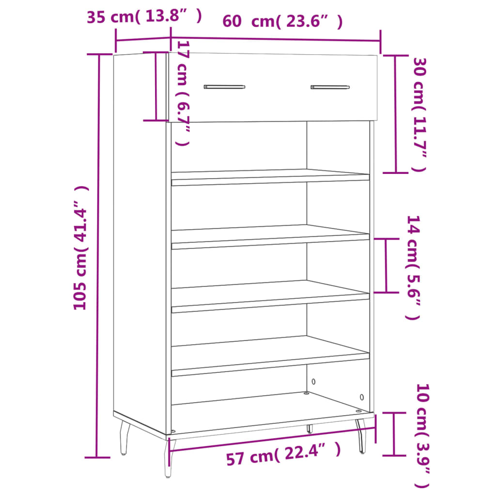 vidaXL Kenkäkaappi savutammi 60x35x105 cm tekninen puu