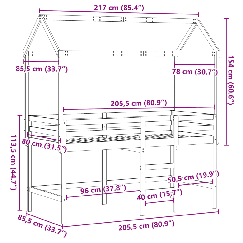 vidaXL Parvisänky tikkailla ja katoksella 80x200 cm täysi mänty