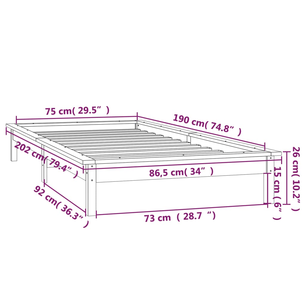 vidaXL Sängynrunko LED harmaa 75x190 cm Small Single täysi puu