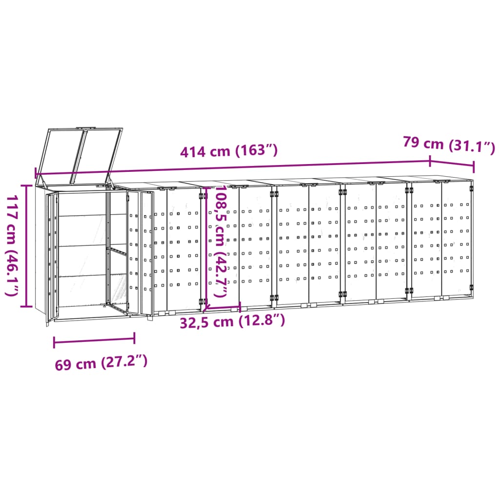 vidaXL Roskalaatikon säilytystila kuudelle harmaa 414x79x117 cm teräs