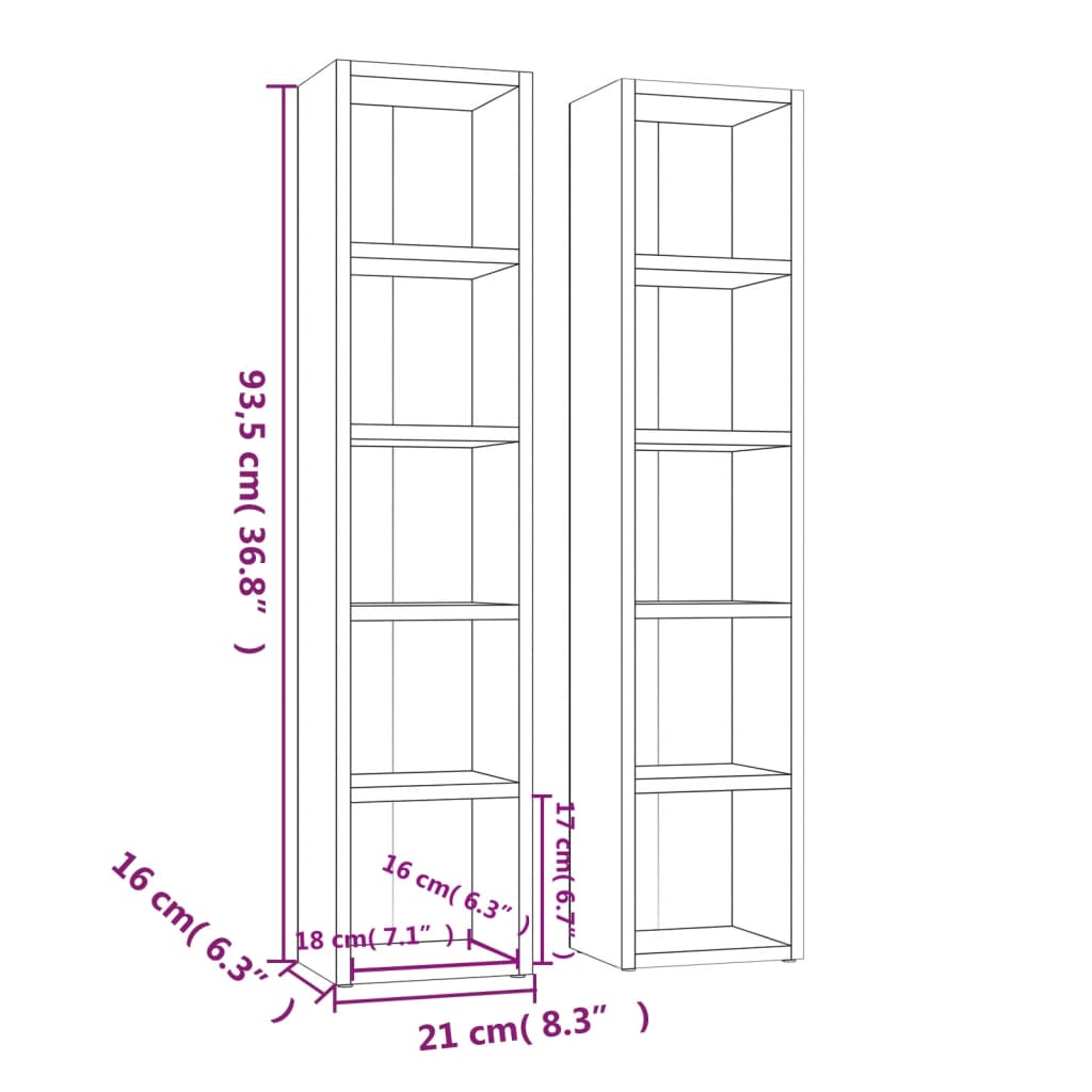 vidaXL CD-hyllyt 2 kpl korkeakiilto valk. 21x16x93,5 cm tekninen puu